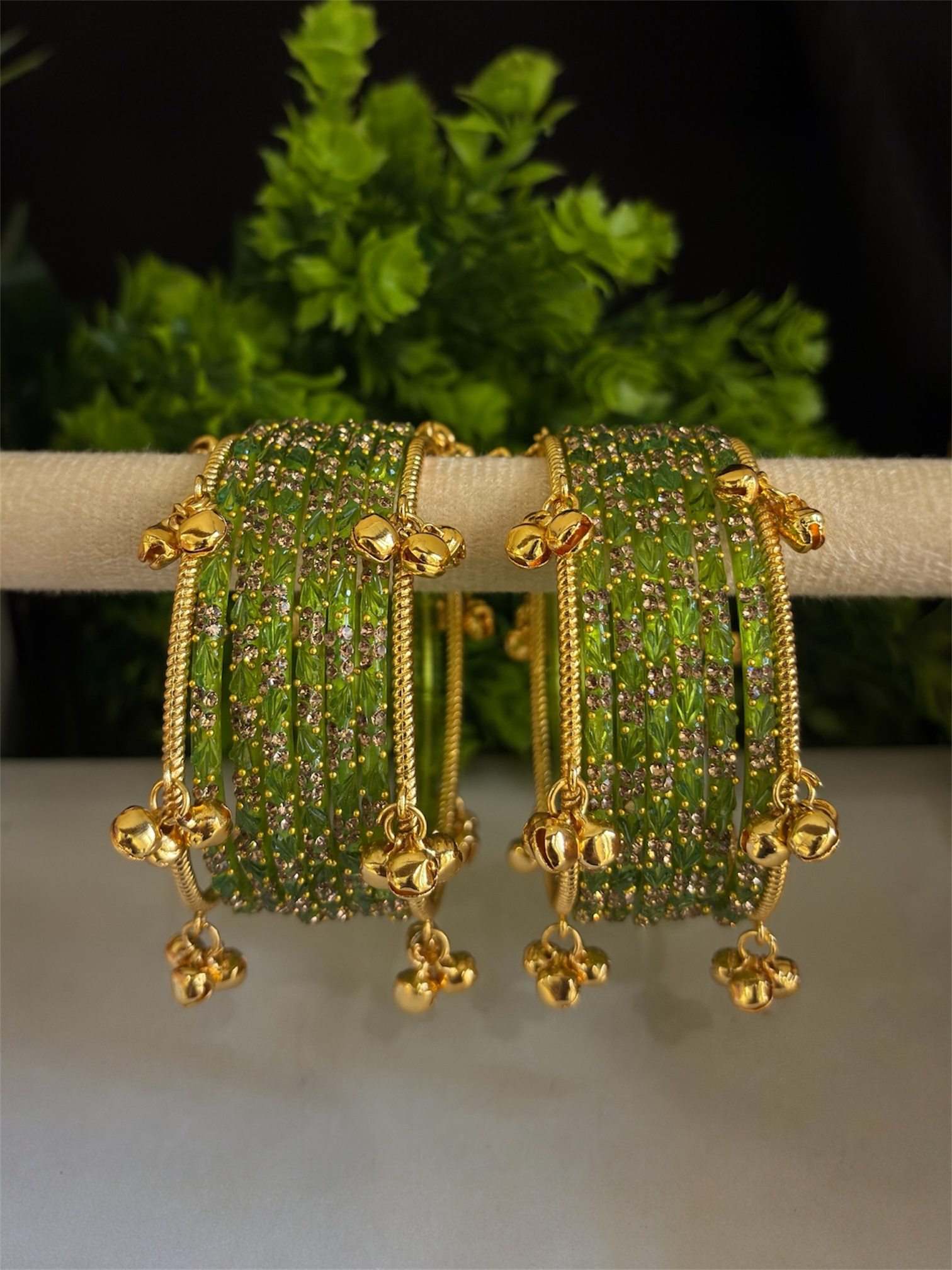 Olive Glass Bangles with Gold Ghungroo Bangles