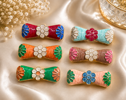 Elegant Flower Bow Enamel Saree Pin Set – Set of 6