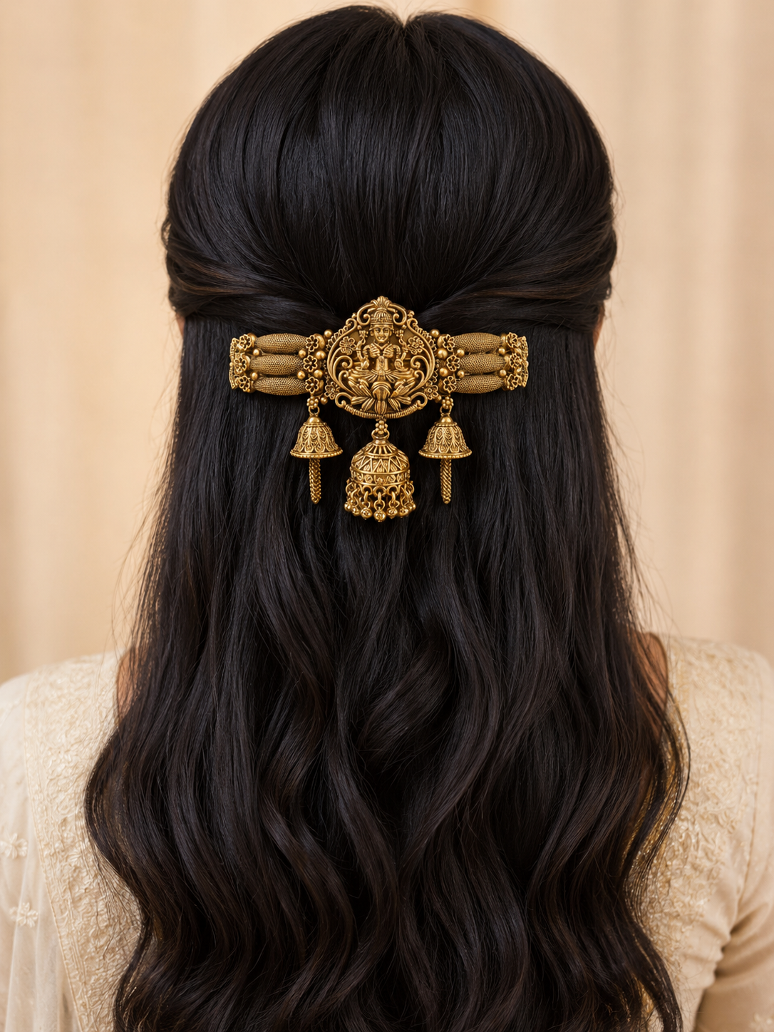 Mahalakshmi Jhumka Antique Gold Hair Centre Clip