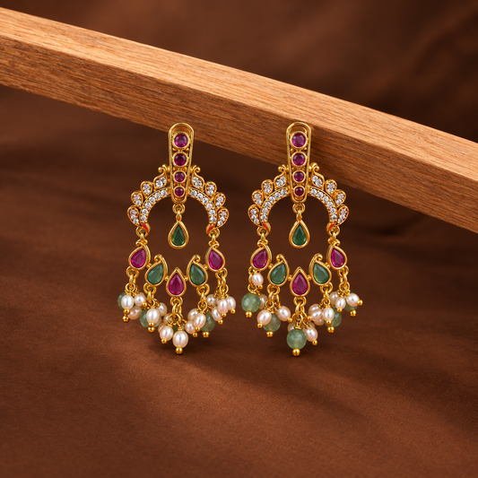 Long Multicolour Stone Pearl Fringe Earrings