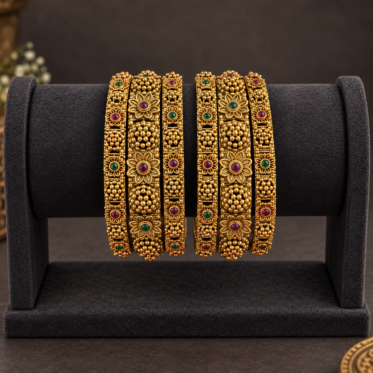 Antique Gold Flower Motif Bangle Set