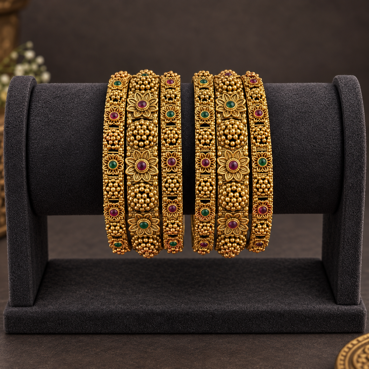 Antique Gold Flower Motif Bangle Set