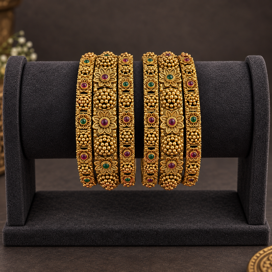 Antique Gold Flower Motif Bangle Set