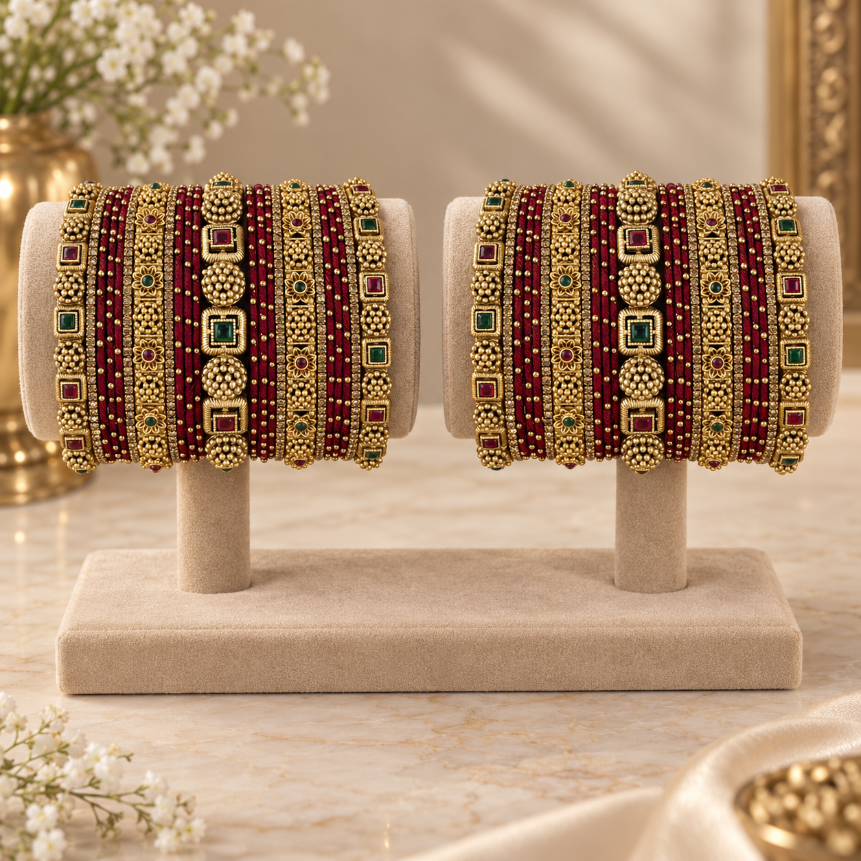 Maroon Thread Antique Bridal Bangle Set