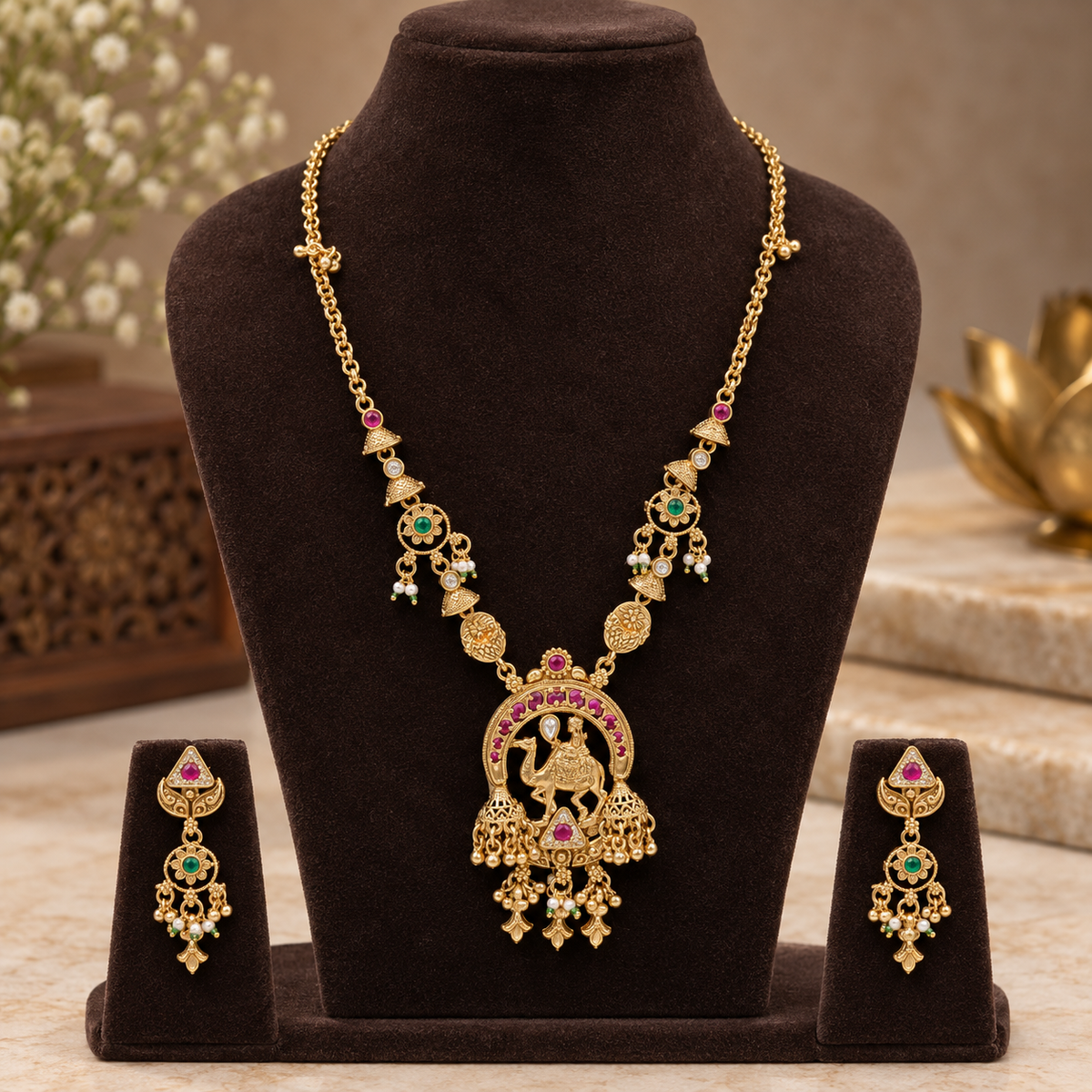Kemp Stone Peacock Temple Necklace Set
