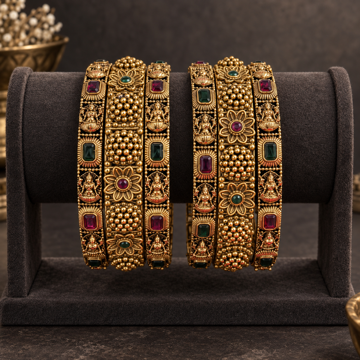 Antique Temple Bloom Ruby Emerald Bangle Set