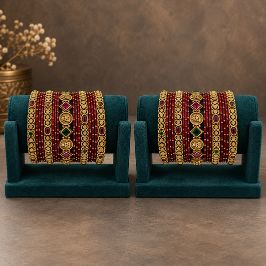 Traditional Maroon & Green Stone Bridal Bangle Set