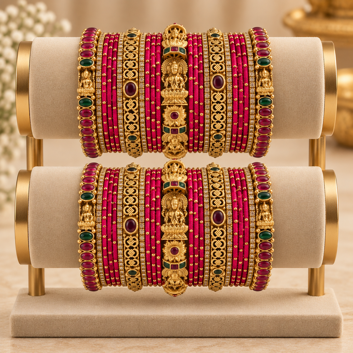 Royal Pink Antique Gold Polish Bridal Bangles