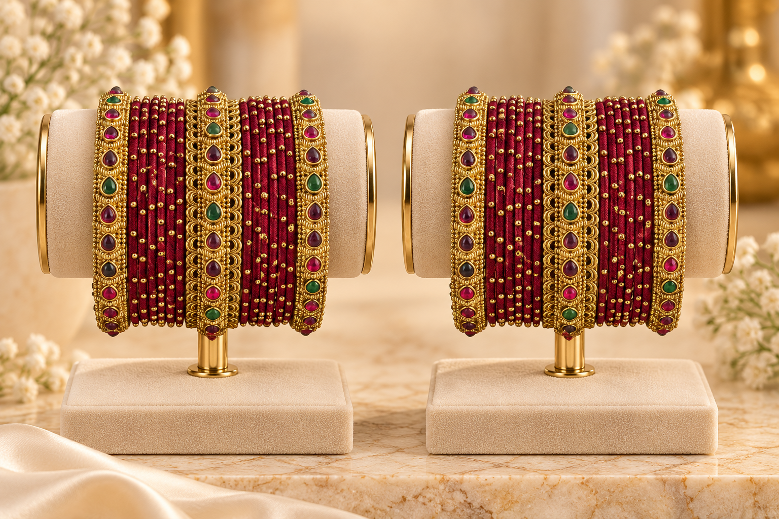Antique Gold & Maroon Thread Bangle Set