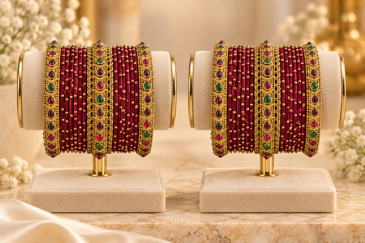 Antique Gold & Maroon Thread Bangle Set