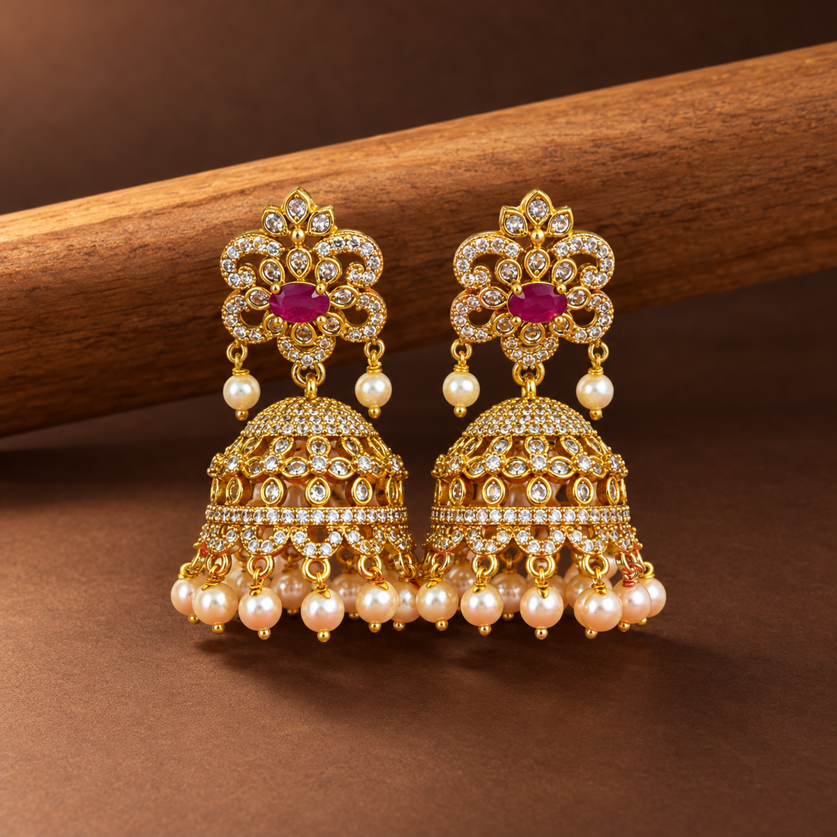 Ruby Pink Stone & Pearl Drop Jhumka Earrings