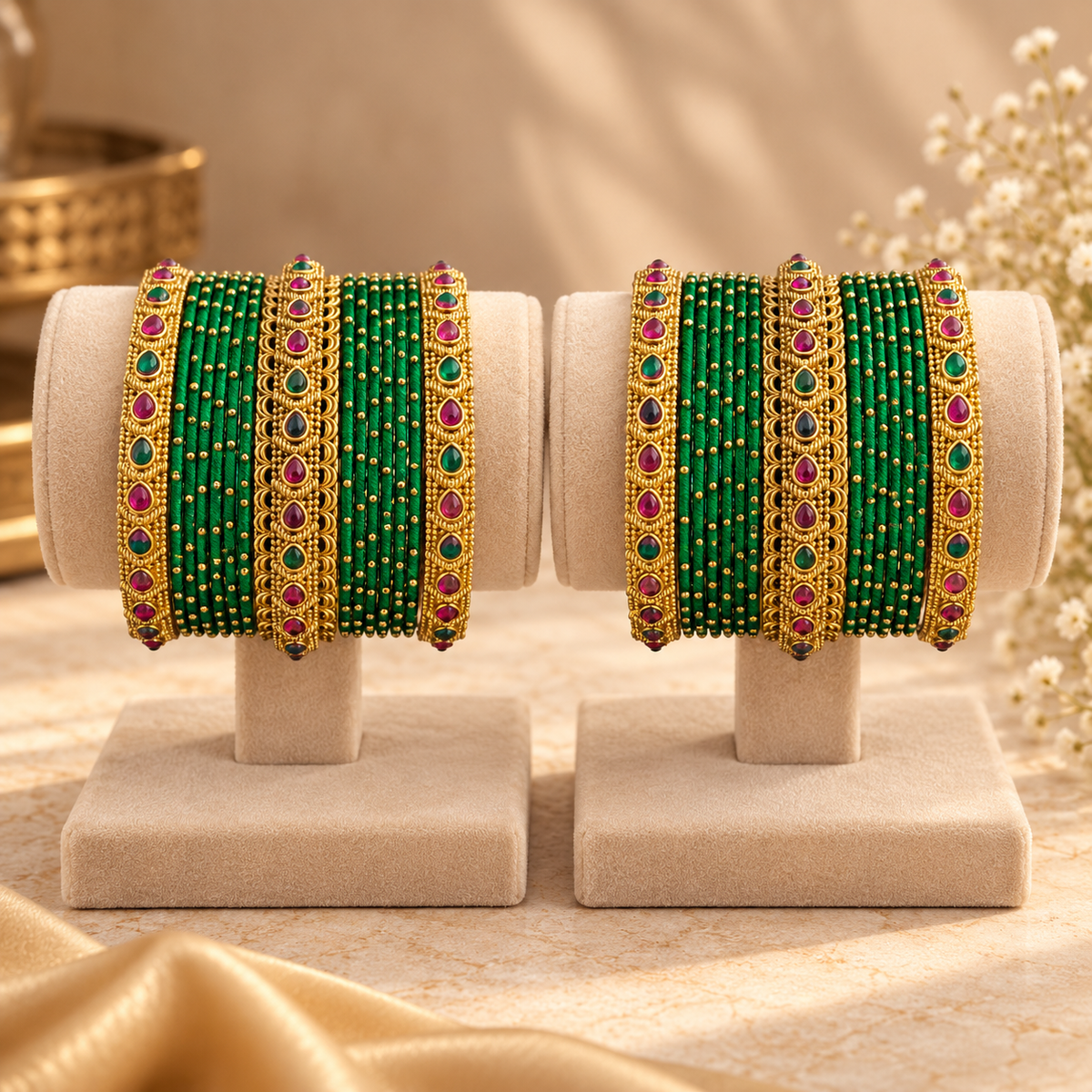 Green Thread Antique Gold Bangle Set