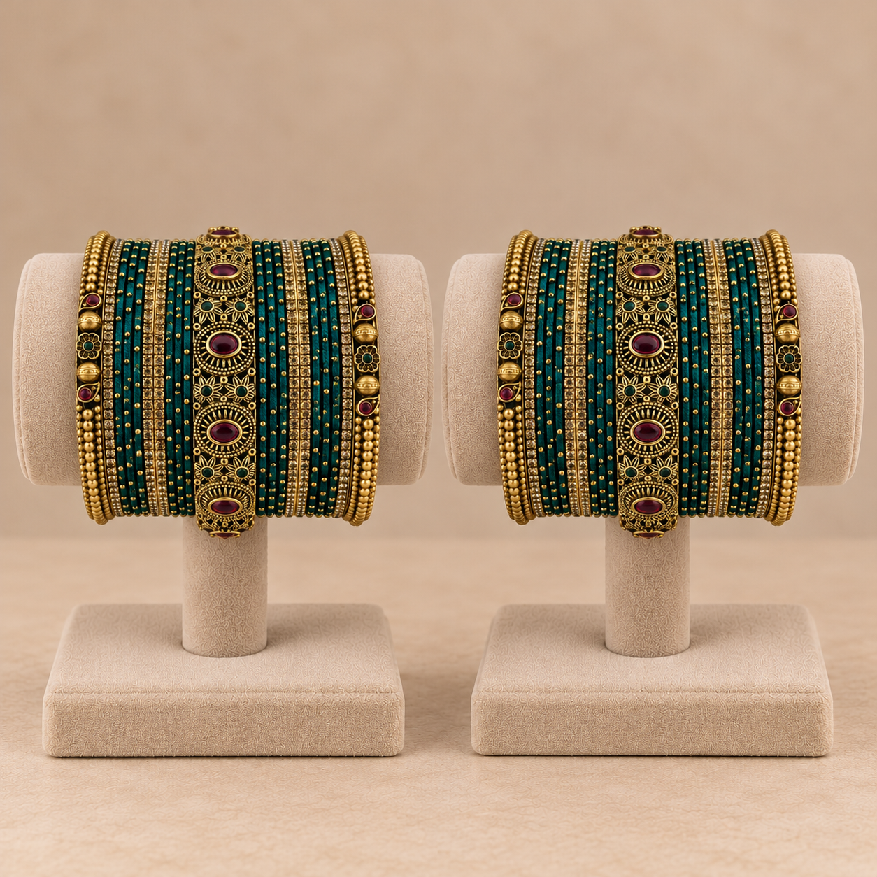 Traditional Teal Green Temple Design Bangle Set