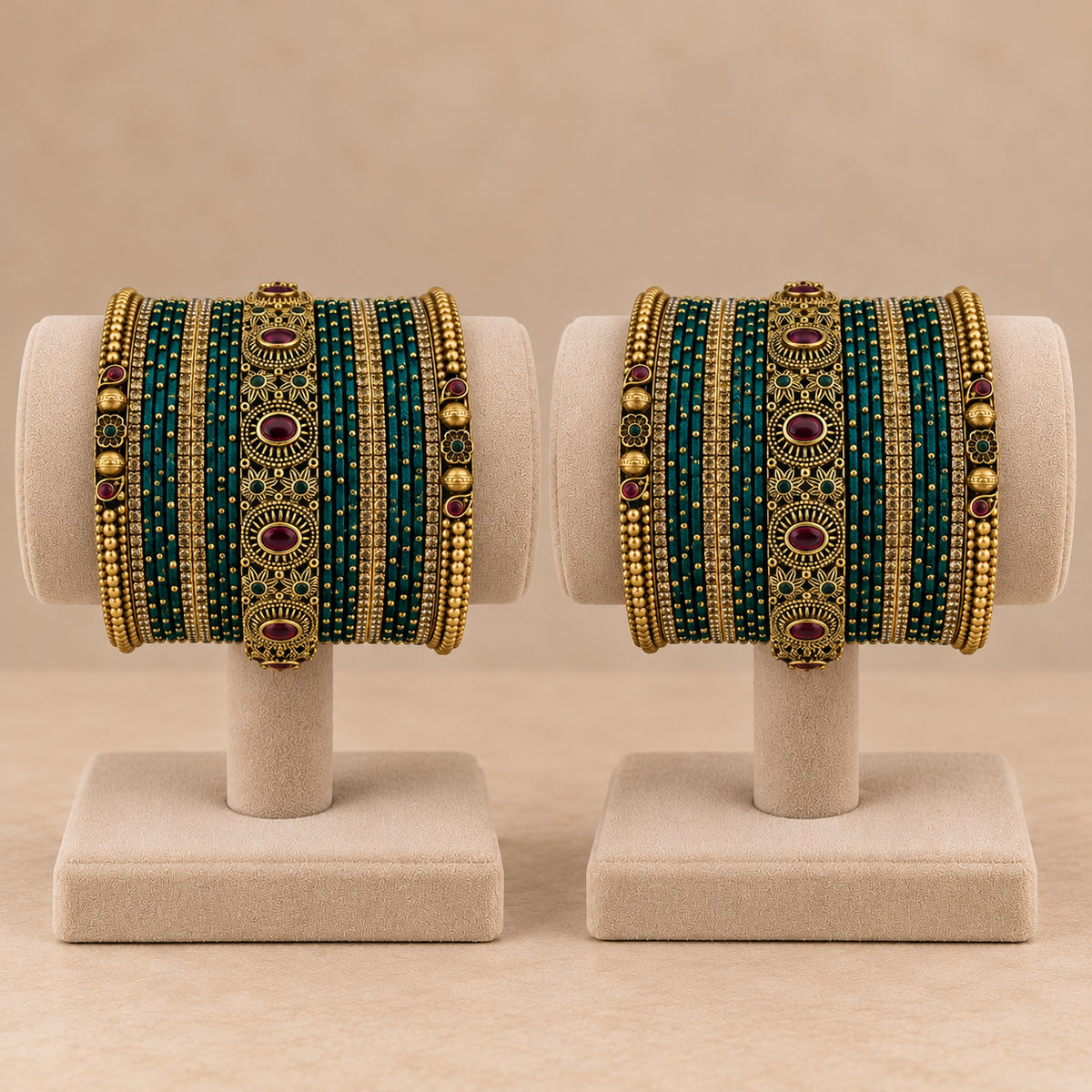 Traditional Teal Green Temple Design Bangle Set