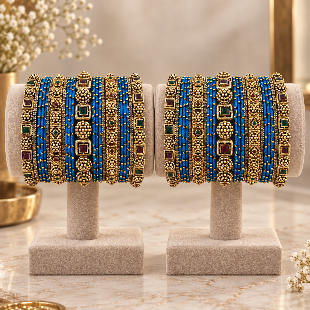 Blue Thread Antique Gold Bridal Bangle Set