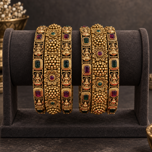 Antique Temple Bloom Ruby Emerald Bangle Set