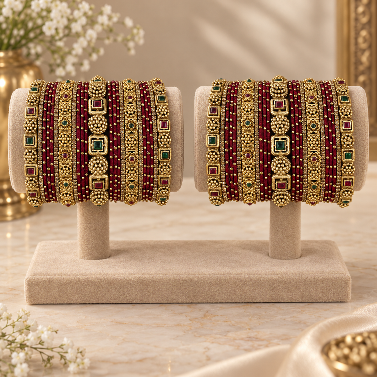 Maroon Thread Antique Bridal Bangle Set