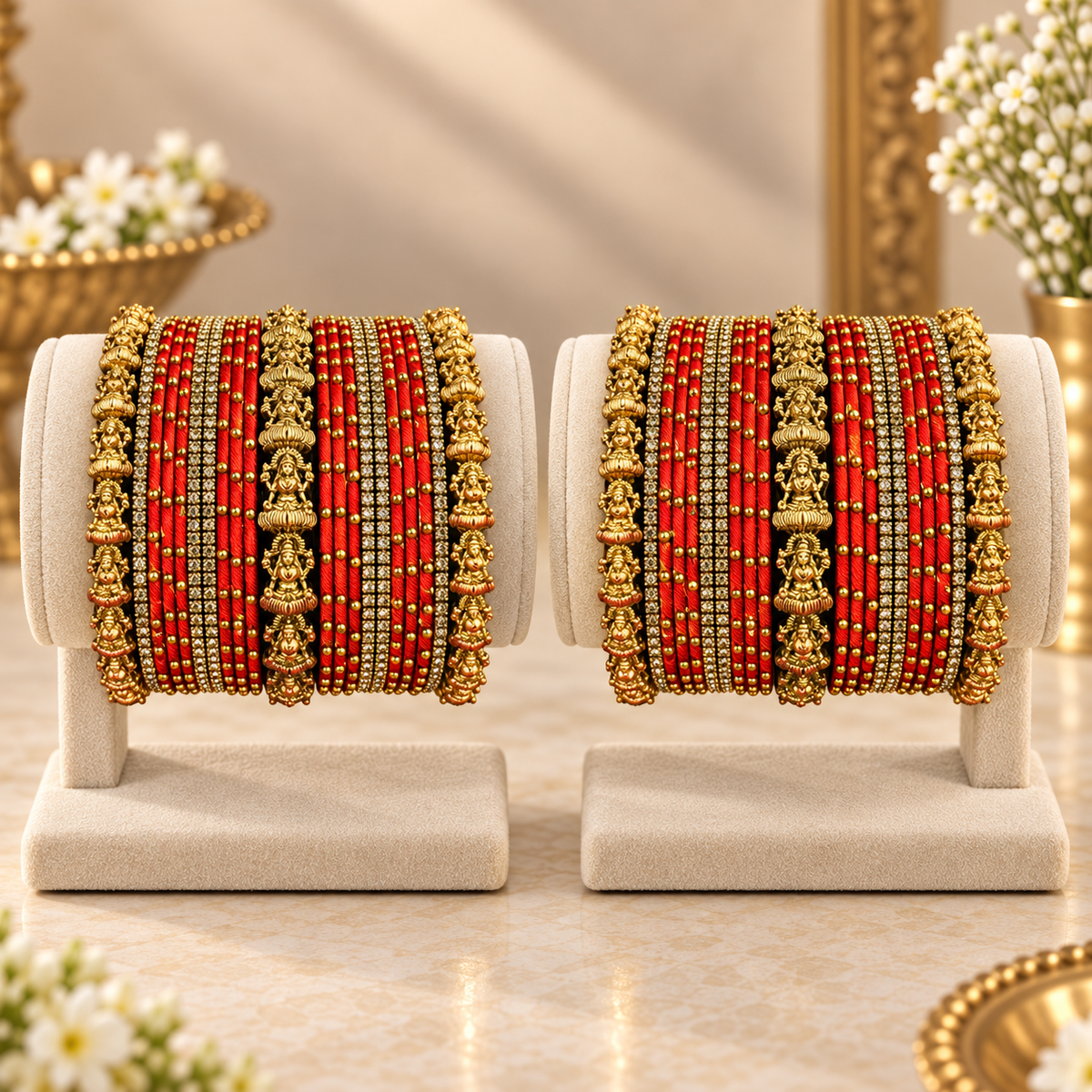 Traditional Orange Temple Jewellery Bangle Set