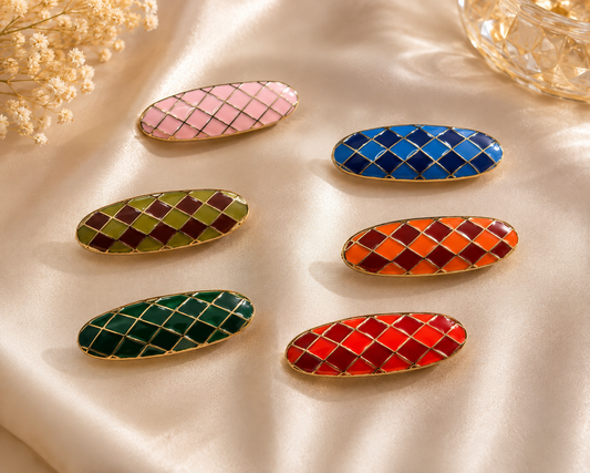 Designer Diamond Grid Enamel Saree Pins – Set of 6