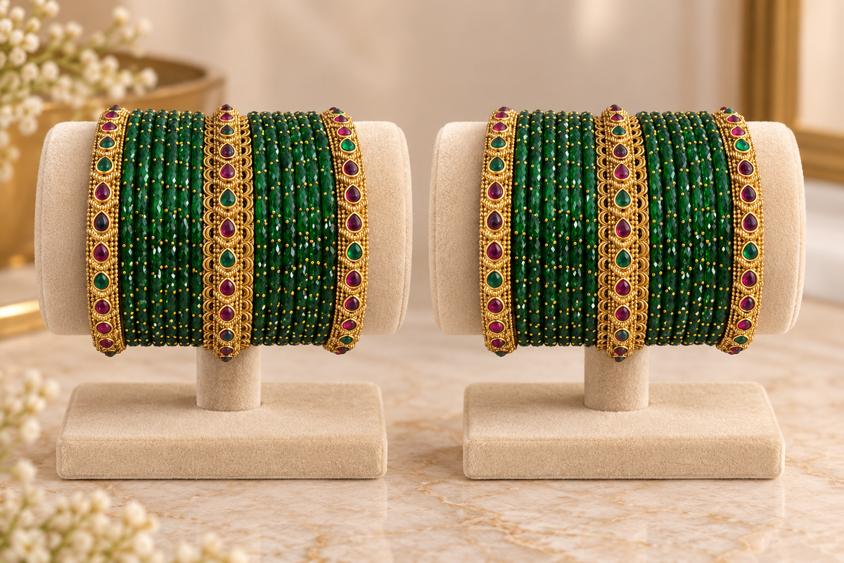 Royal Emerald Green Glass & Stone Bangle Set