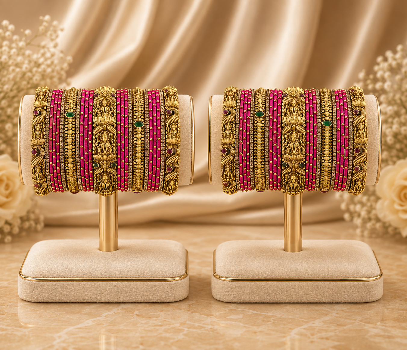 Temple Bridal Bangle Set with Vibrant Pink Thread Bangles