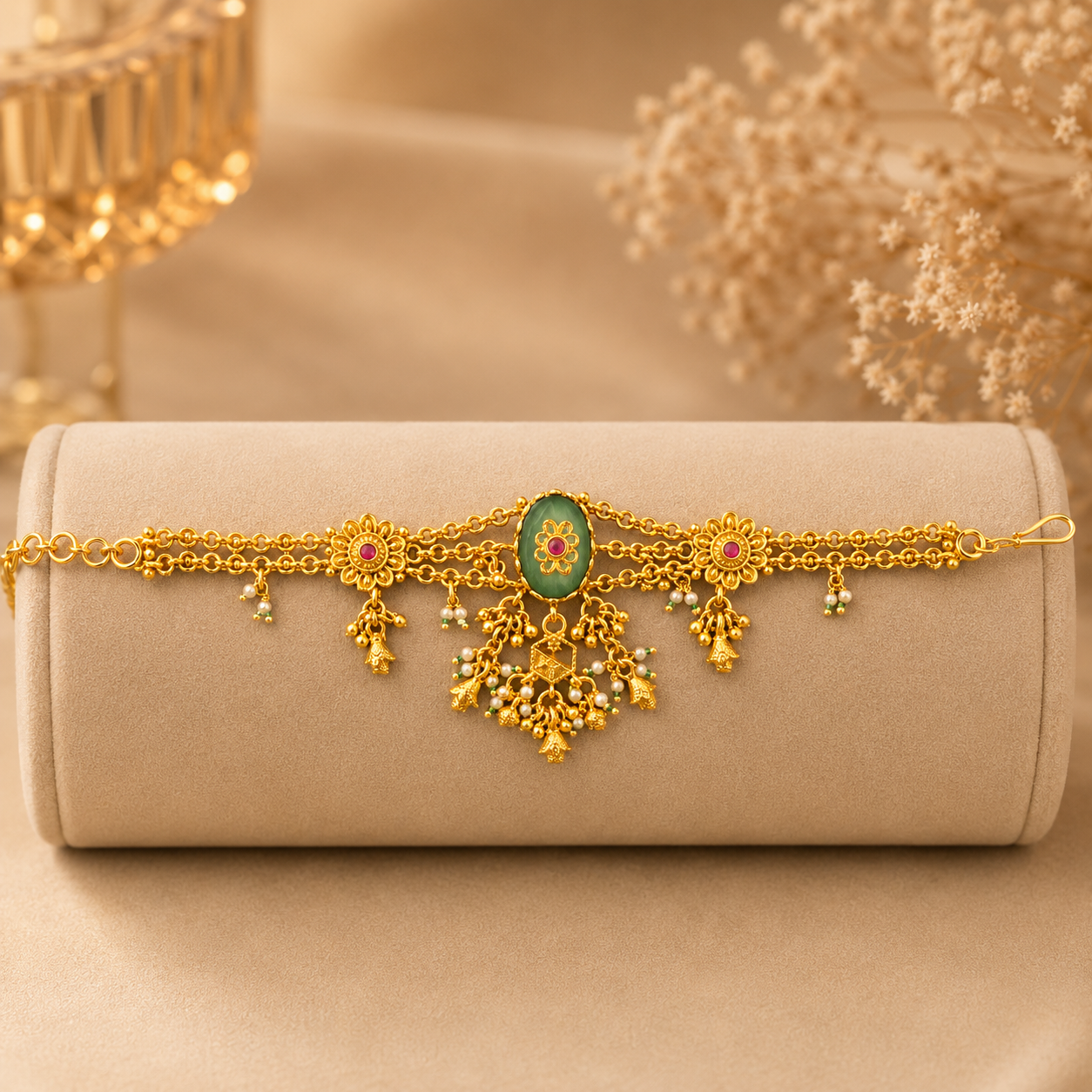 Emerald Bloom Antique Gold Hand Harness Bracelet