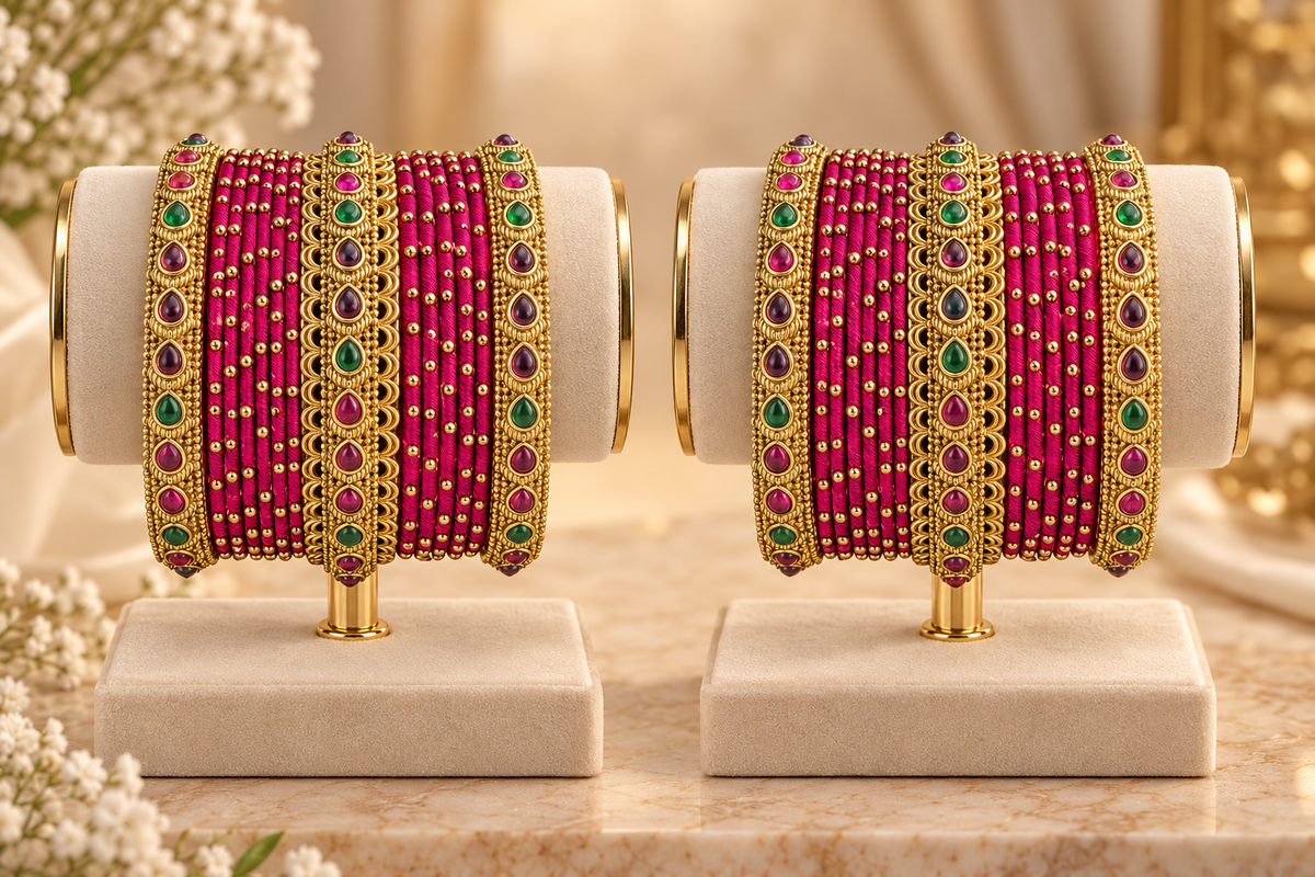 Pink Thread & Antique Gold Stone Bangle Set