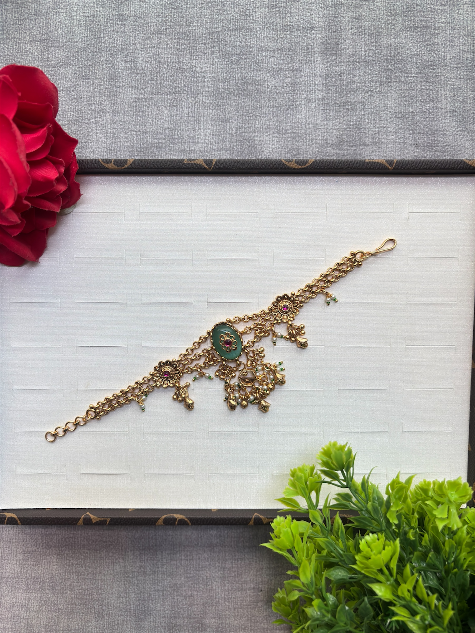 Emerald Bloom Antique Gold Hand Harness Bracelet
