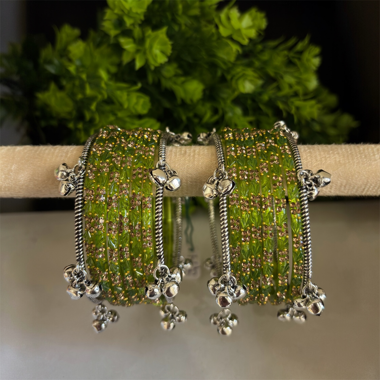Olive Glass Bangles with Silver Ghungroo Bangles