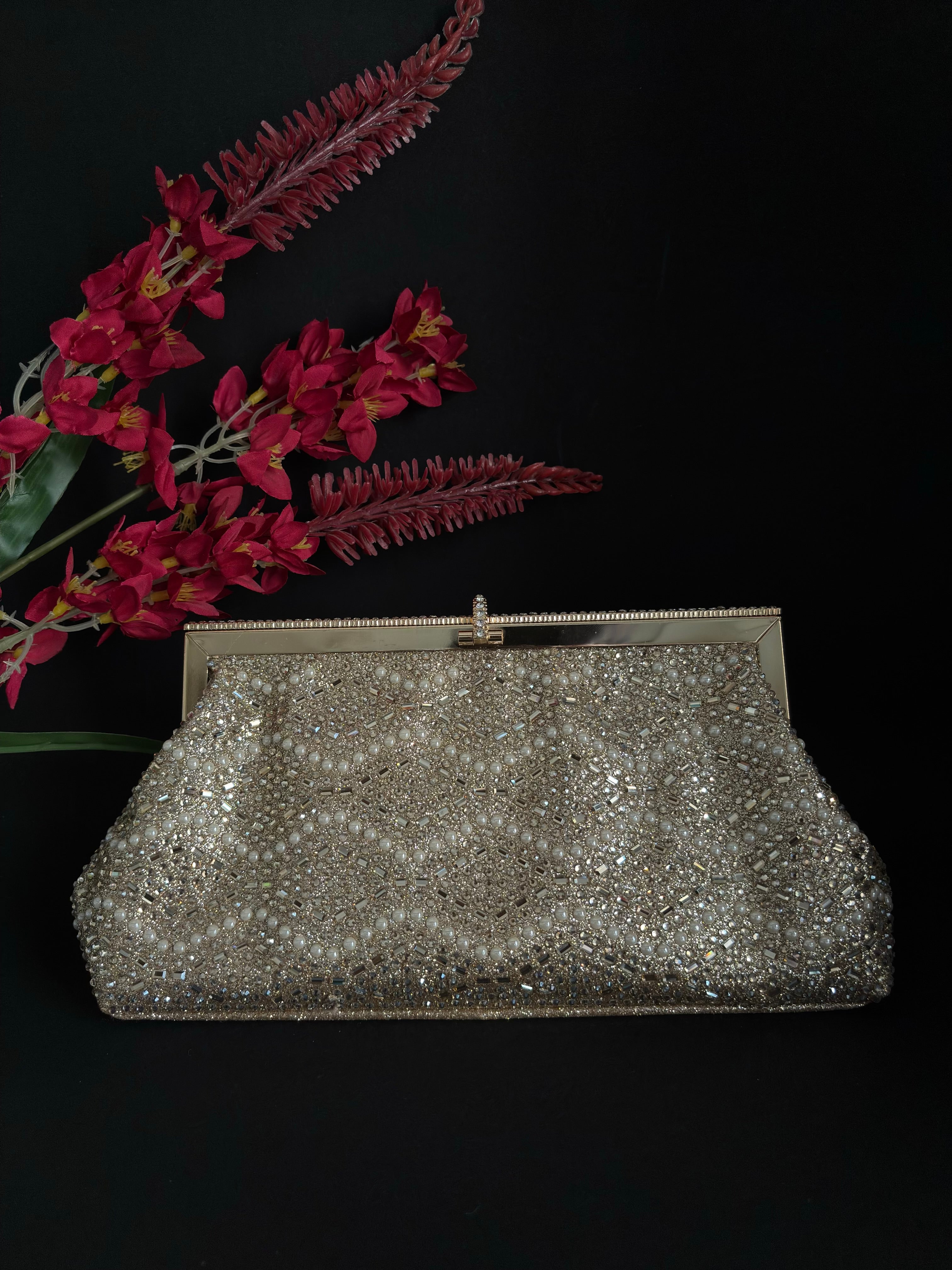 Hand-Embellished Clutch with Zardosi Work and White Pearls