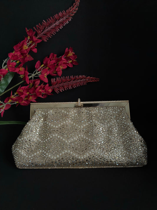 Hand-Embellished Clutch with Zardosi Work and White Pearls