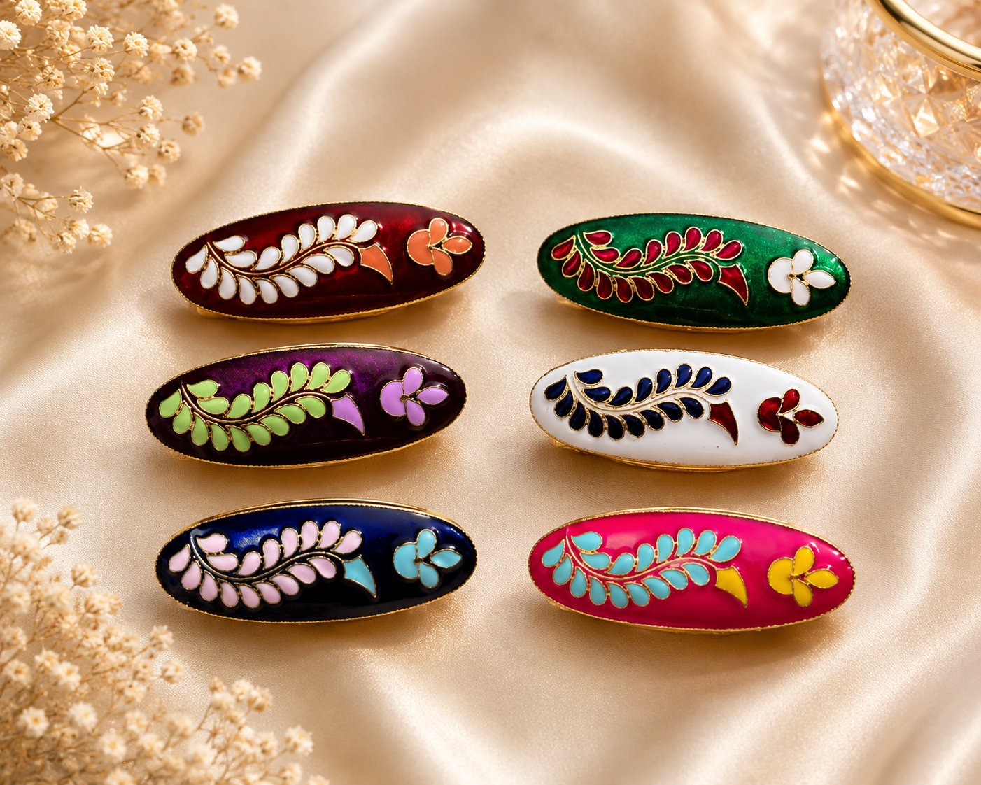 Elegant Enamel Leaf Pattern Saree Pins – 6 Pcs