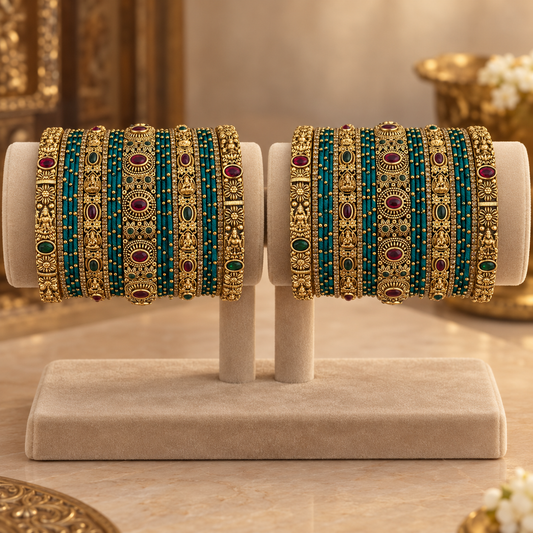 Traditional Teal Green Antique Gold Bangle Set