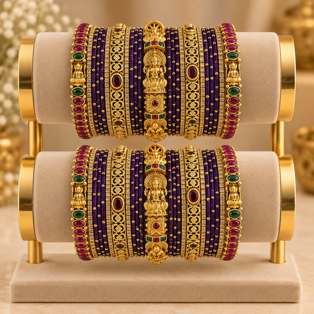 Royal Violet Thread Bangles with Temple Design