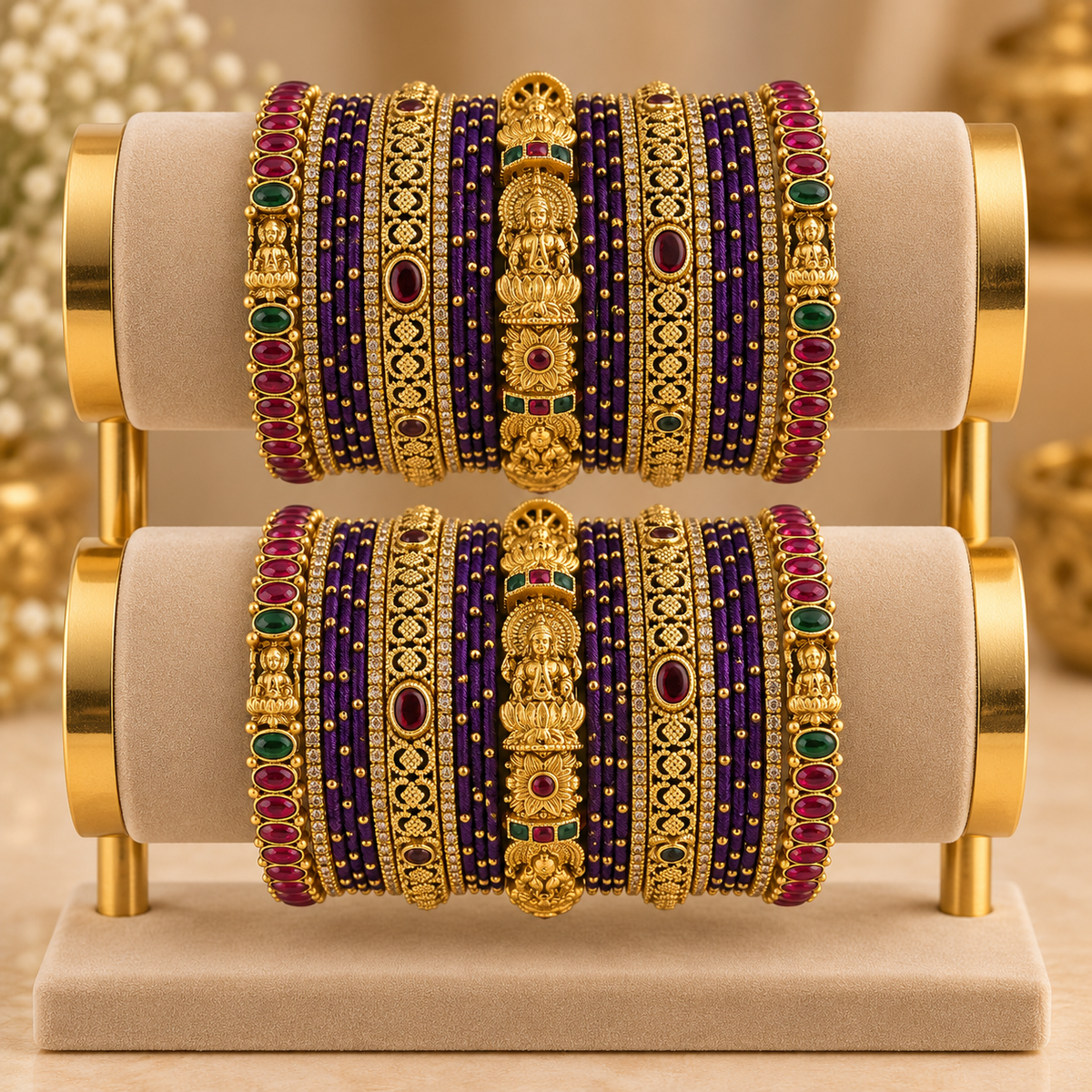 Royal Violet Thread Bangles with Temple Design