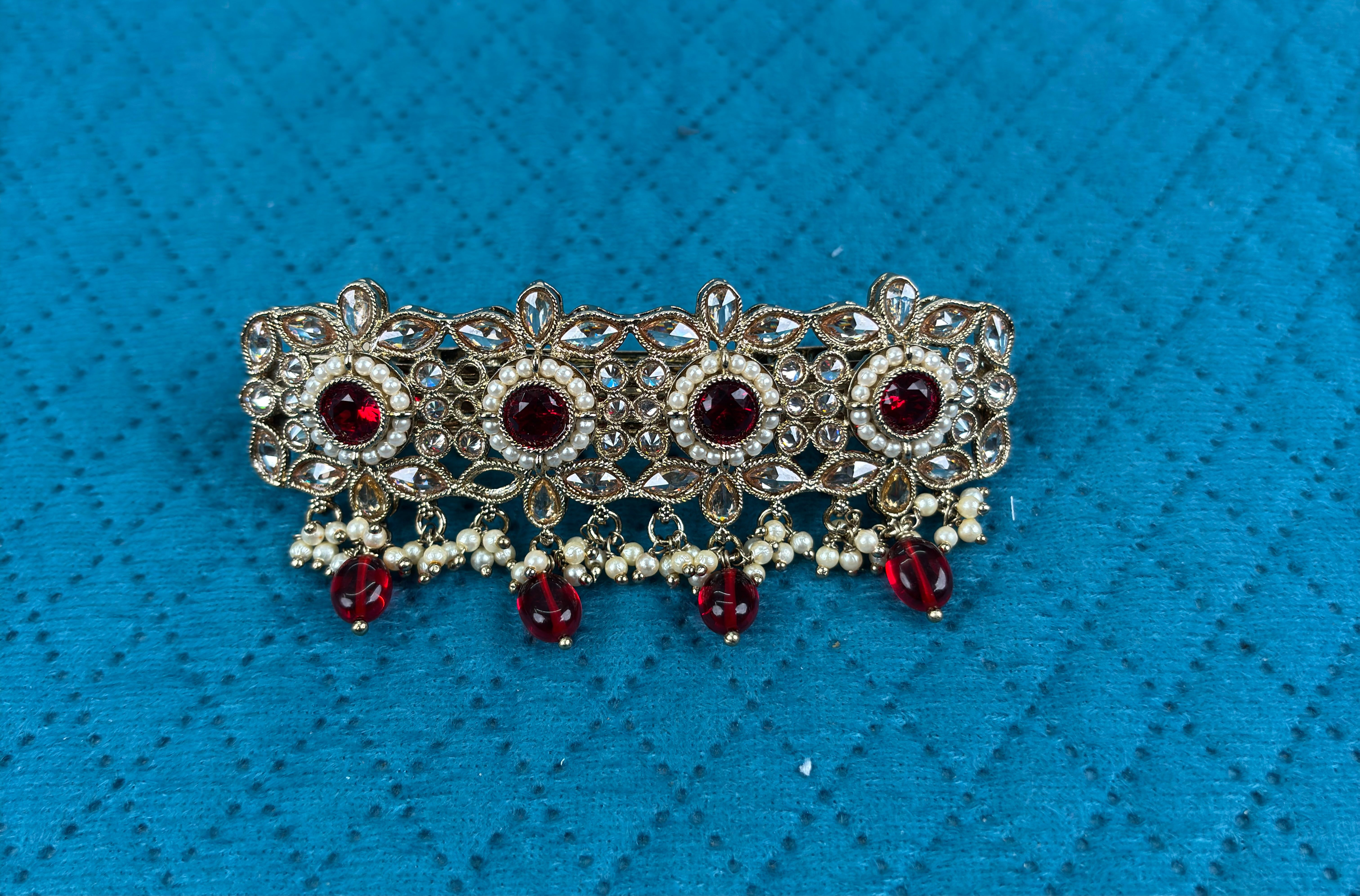 Vintage Maharani Kundan & Ruby Red Stone Hair Barrette
