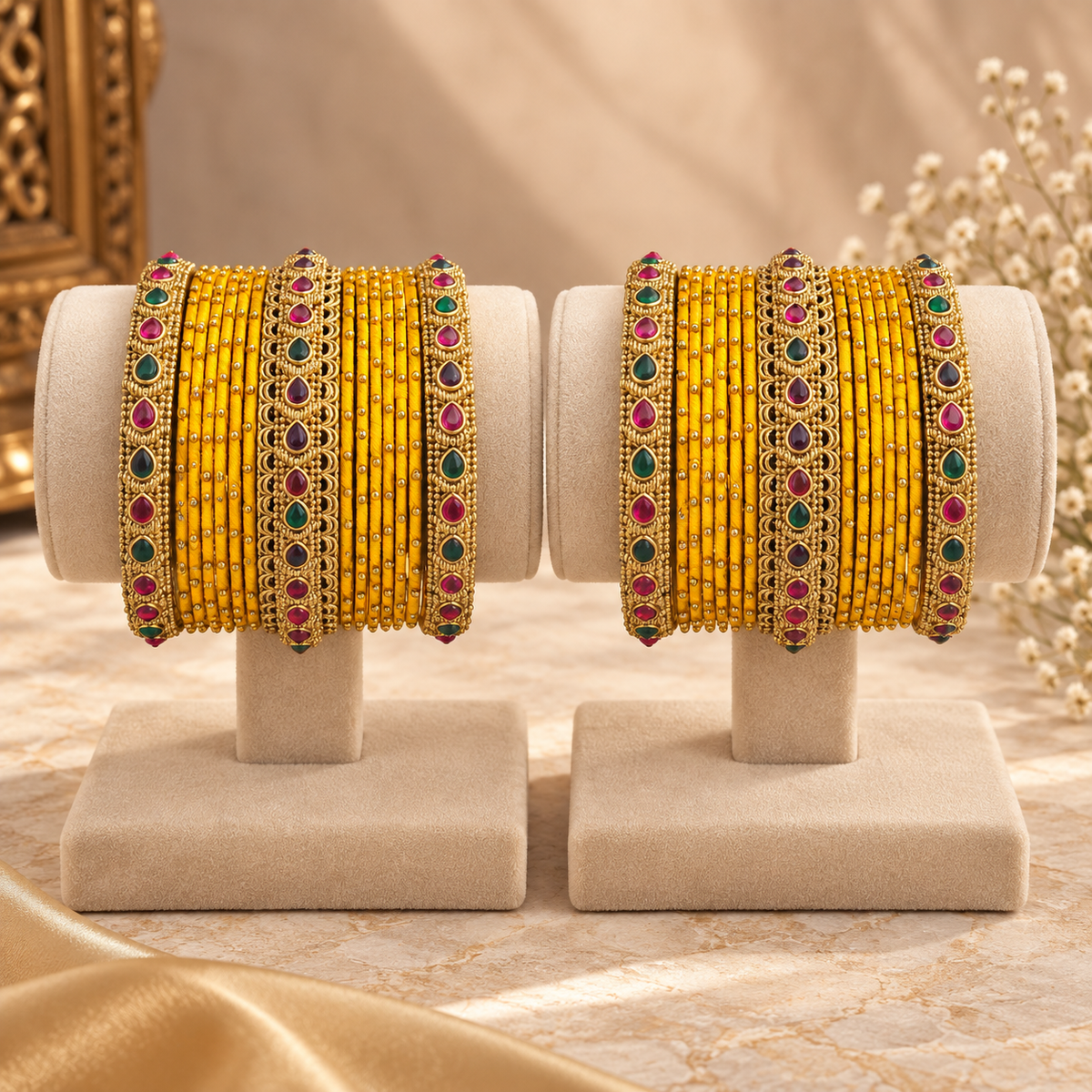 Yellow Thread Traditional Stone Bangle Set