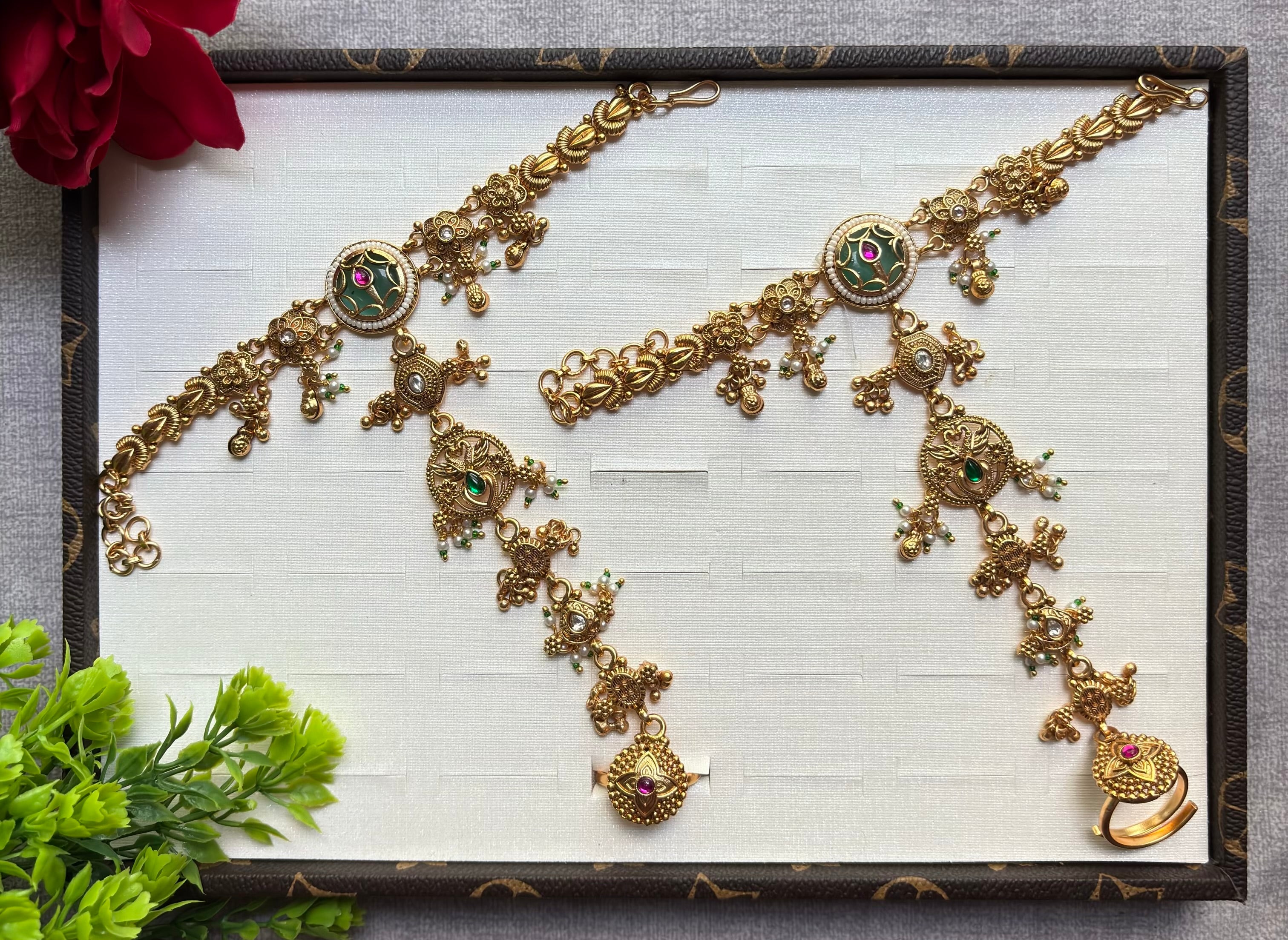 Antique Gold Floral Haath Phool Pair