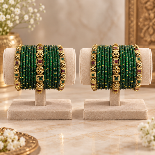 Green Glass Bangle Set with Traditional Antique Gold Set