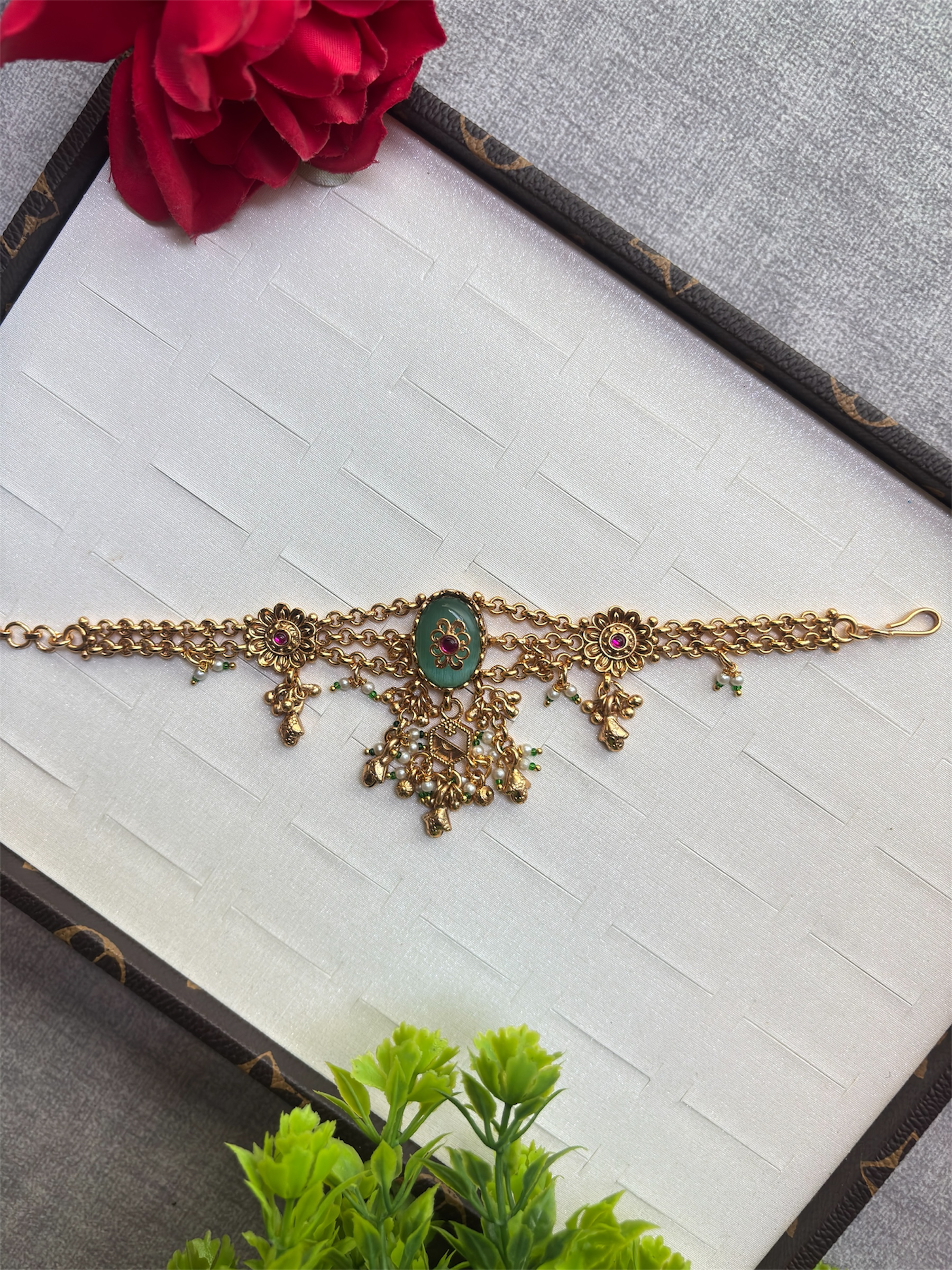 Emerald Bloom Antique Gold Hand Harness Bracelet