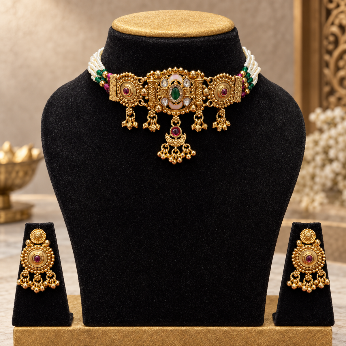 Royal Green & Ruby Temple Choker Set