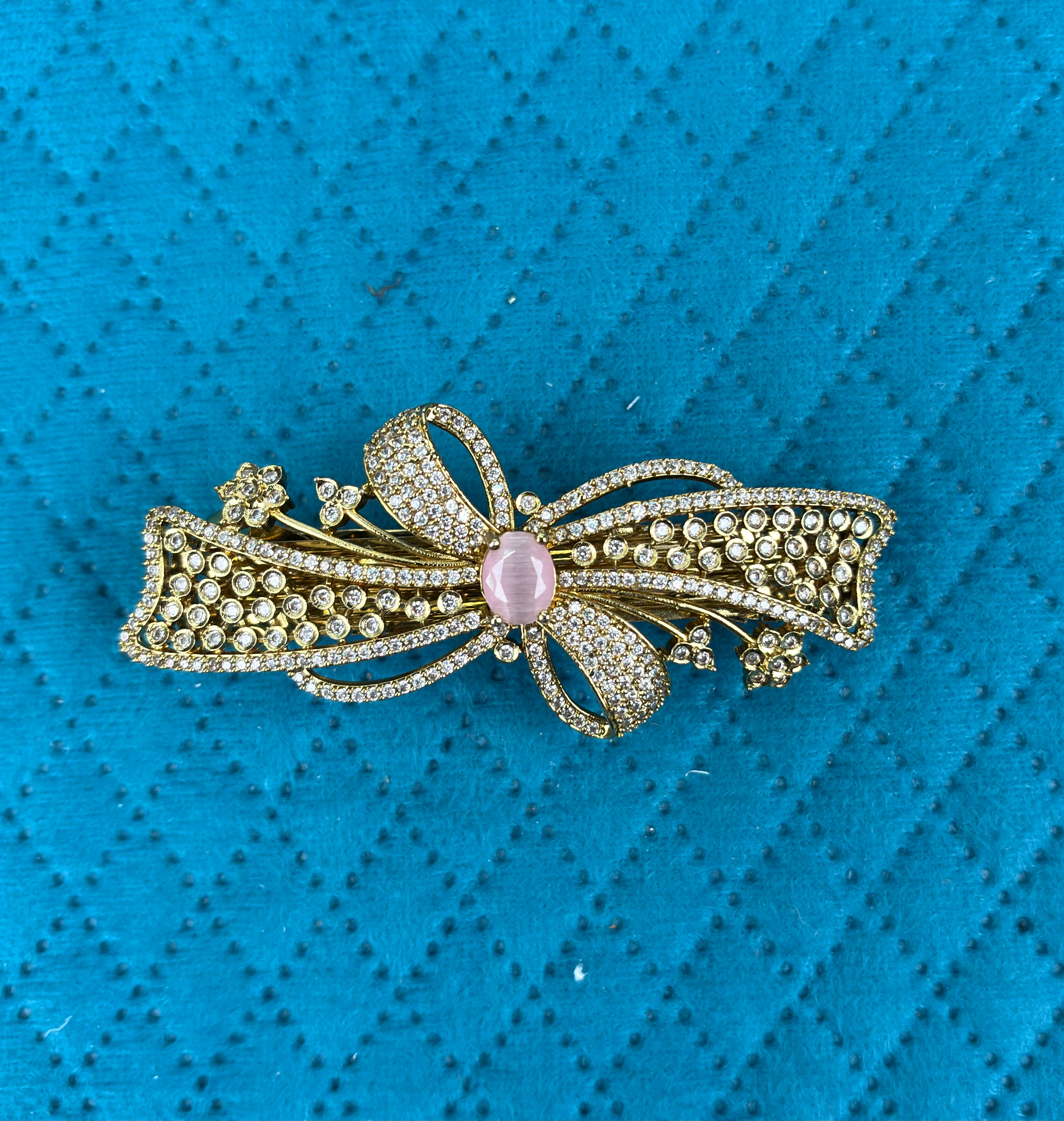 Vintage-Inspired Rose Quartz Centerpiece Bow Hair Barrette