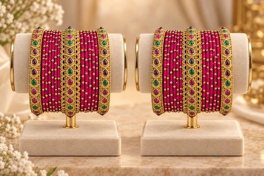 Pink Thread & Antique Gold Stone Bangle Set