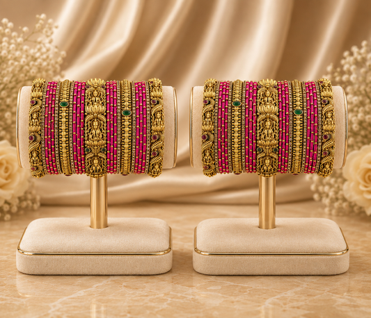 Temple Bridal Bangle Set with Vibrant Pink Thread Bangles