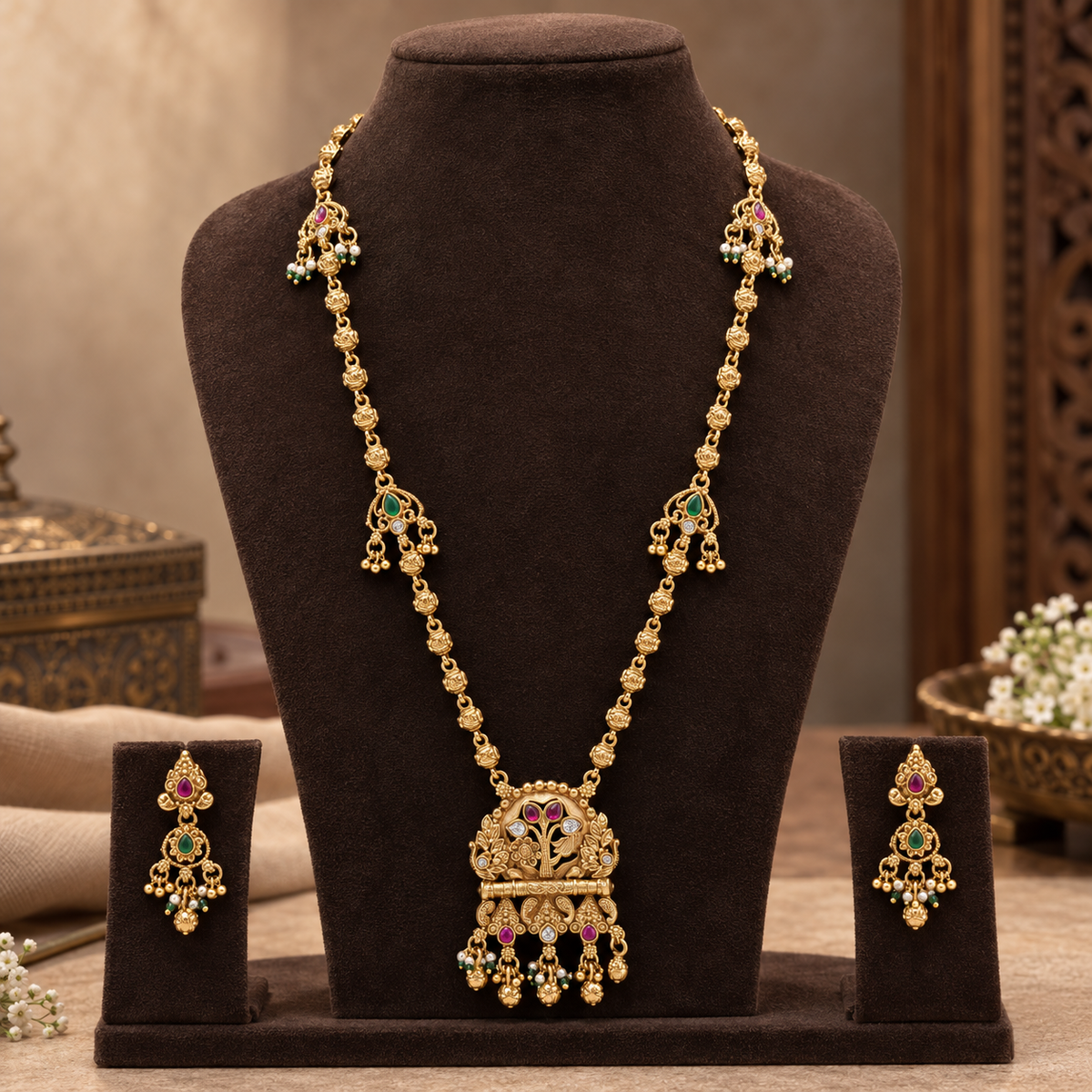 Antique Gold Floral Pendant Long Necklace Set