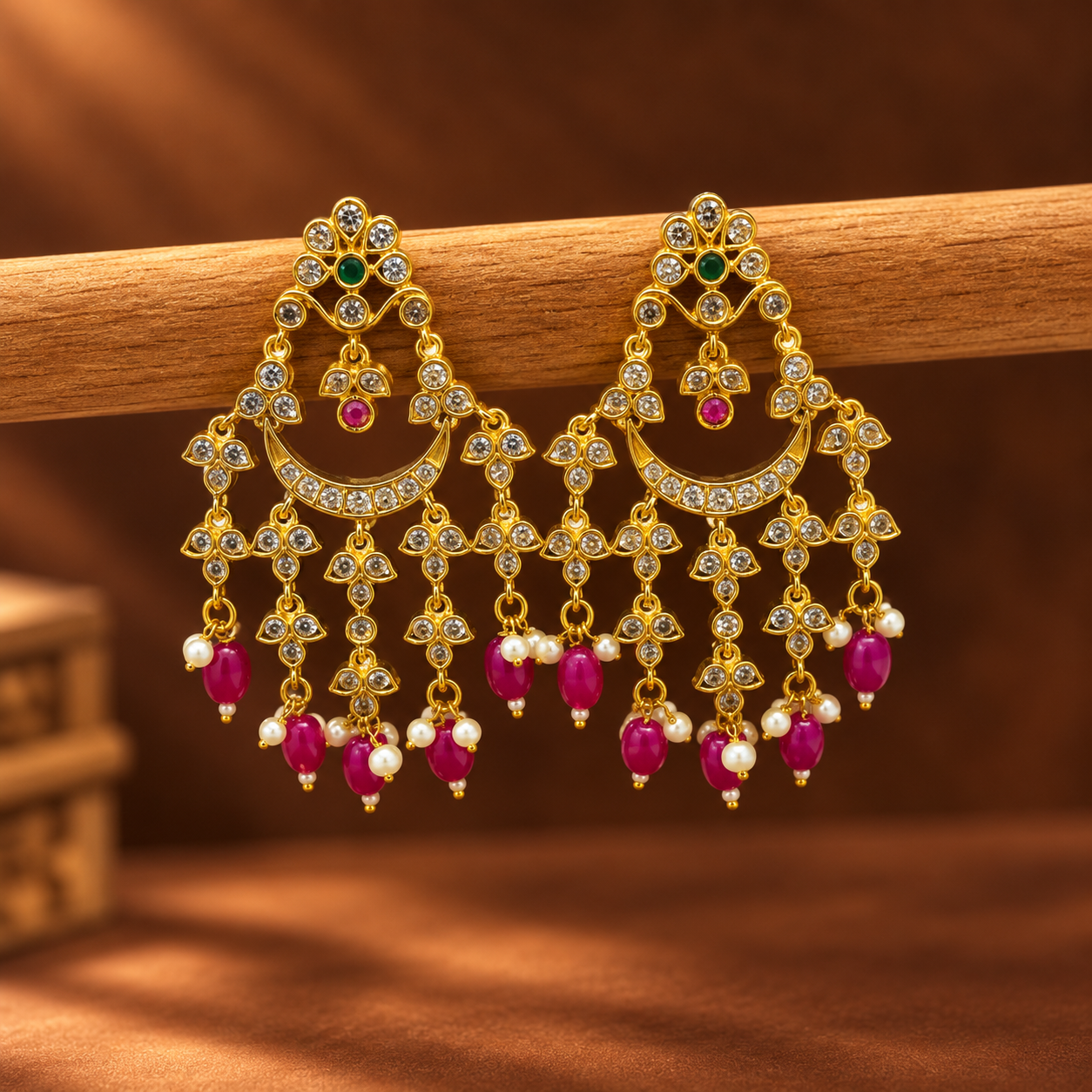 Emerald Magenta Pearl Chandbali Earrings