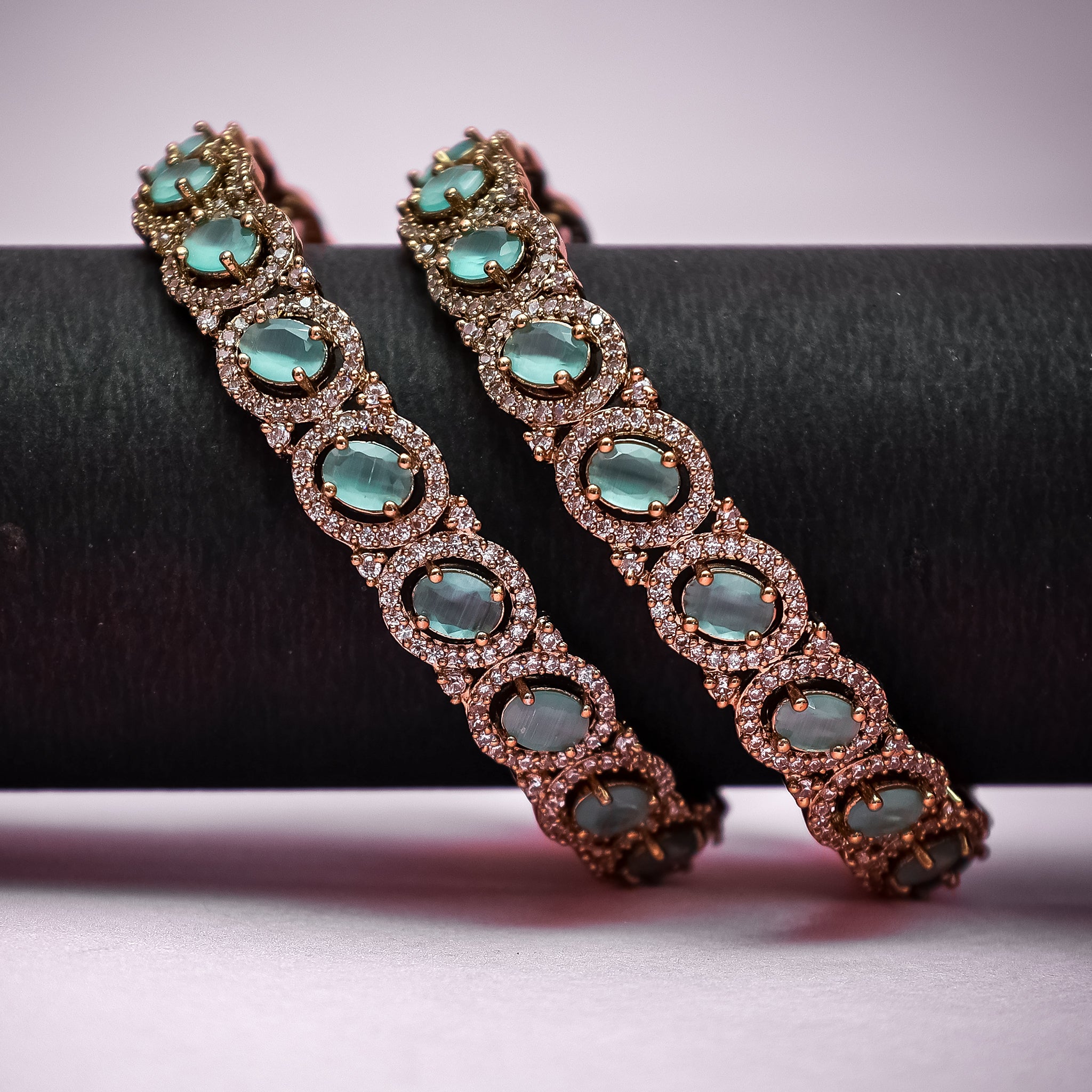 Antique Gold-Tone Mint Green Stone Bangle Set