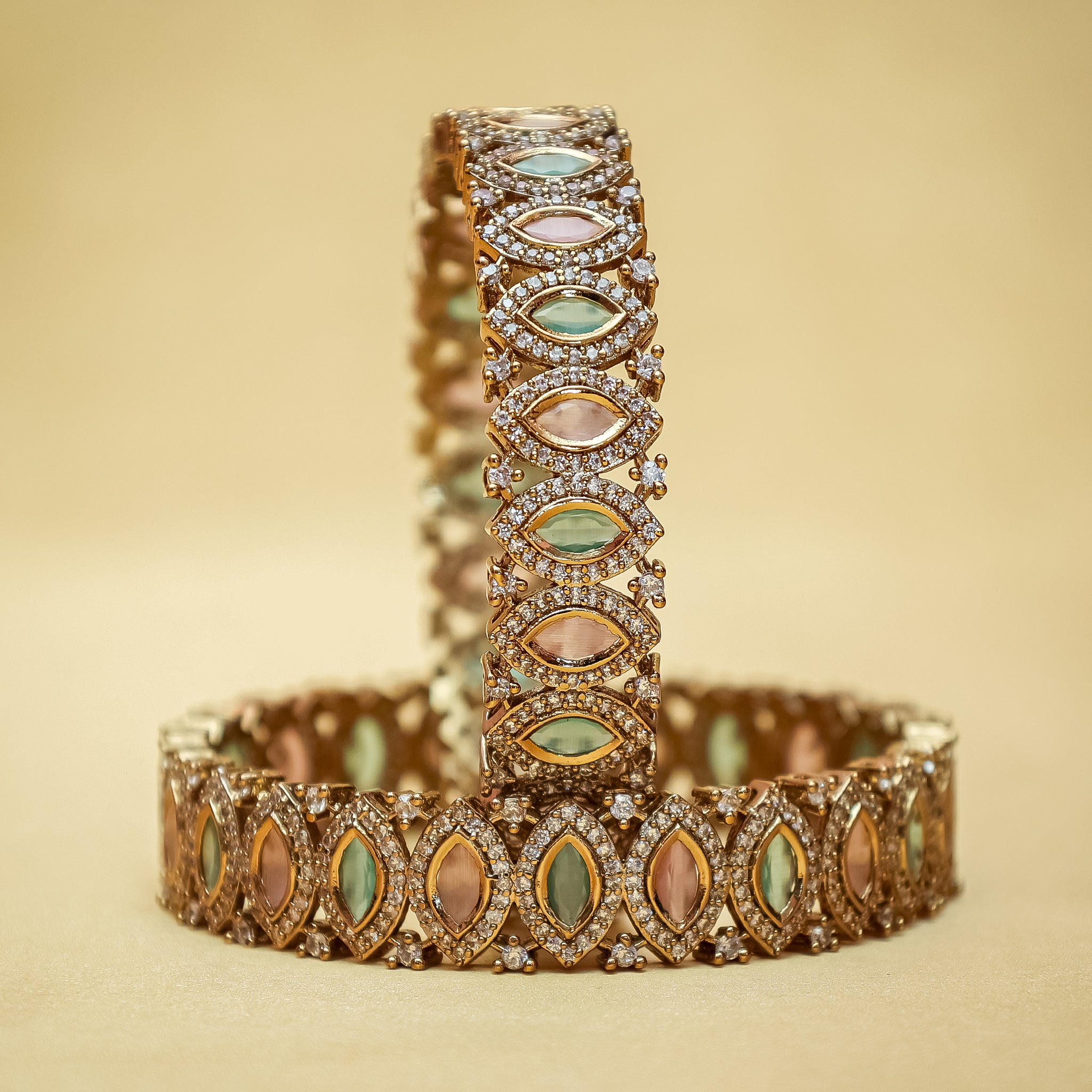 Gulab-e-Pista" Dual-Tone Kundan-Style Bangle Set