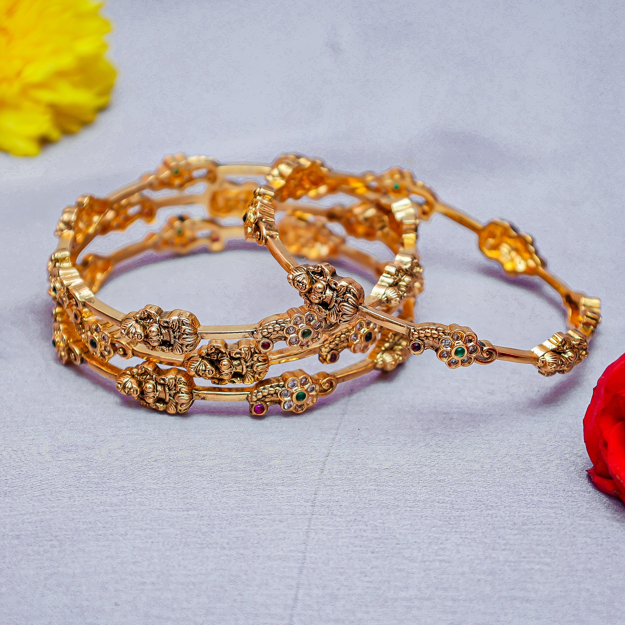 Traditional Matte Gold Lakshmi Temple Bangle Set