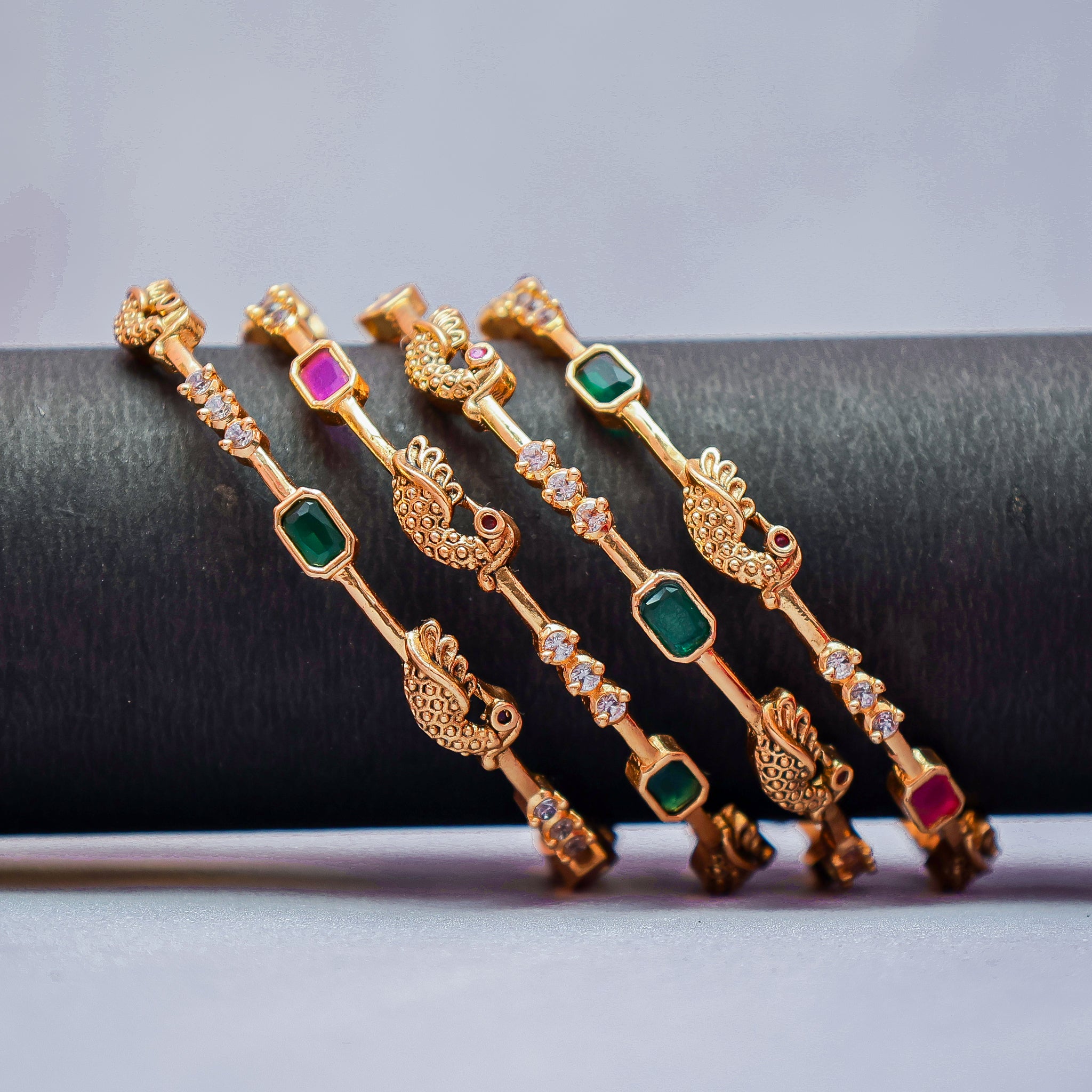 Traditional Gold-Plated Peacock & Stone Bangle Set